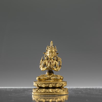 Lot 5 - SWEET SHADAKSHARI LOKESHVARA BRONZE GILT TIBETAN 15TH CENTURY