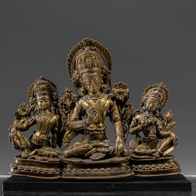 Lot 39 - GROUP OF THREE NEPALESE 16TH CENTURY BRONZE SCULPTURES (INDRA + CONSORTS)