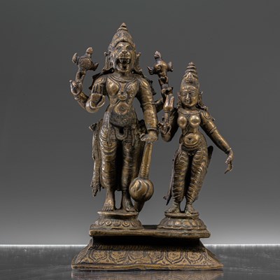 Lot 105 - STANDING BRONZE NARASIMHA WITH PARVATI ? INDIA 19TH CENTURY