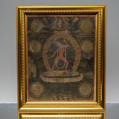 Lot 125 - THANGKA DEPICTING STANDING SARVABUDDHA-DAKINI SURROUNDED BY SCULPTURES TIBET 18TH CENTURY