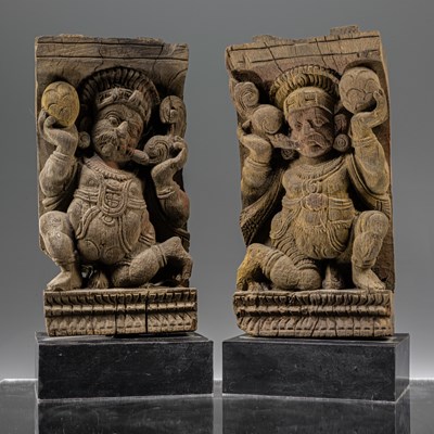 Lot 122 - PAIR WOOD CARVED SHIVA GANA SCULPTURES INDIA 18TH CENTURY