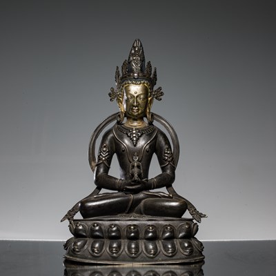 Lot 8 - BRONZE AMITAYUS WITH INLAYS TIBET ABOUT1900