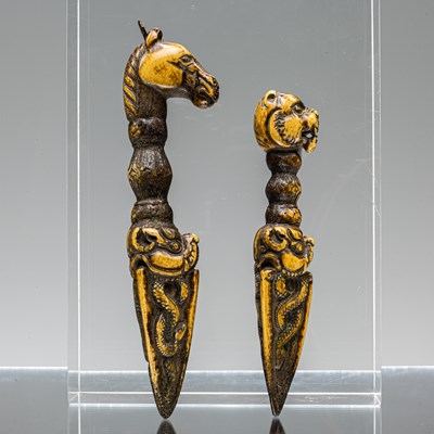 Lot 98 - PAIR OF ANTILOPE HORN CARVED PHURBUS TIBET OR NEPAL 18TH CENTURY