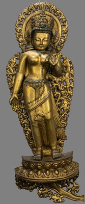 Lot 14 - STANDING NEPALESE GILT COPPER REPOUSSE TARA 19TH CENTURY