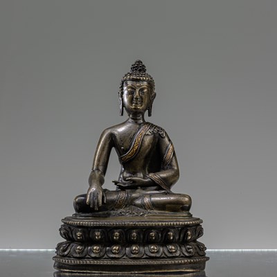 Lot 24 - SEATED BRONZE COPPER INLAID BUDDHA TIBET 15TH CENTURY