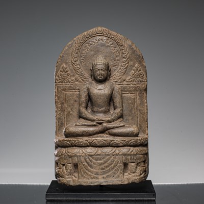 Lot 271 - SEATED STONE BUDDHA INDIA 12TH CENTURY WITH RARE INSCRIPTIONS