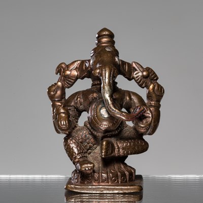 Lot 299 - SEATED GANESHA BRONZE INDIA 15TH CENTURY WITH SILVER