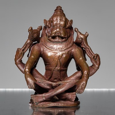 Lot 261 - SEATED BRONZE YOGA NARASHIMA INDIA 15TH CENTURY