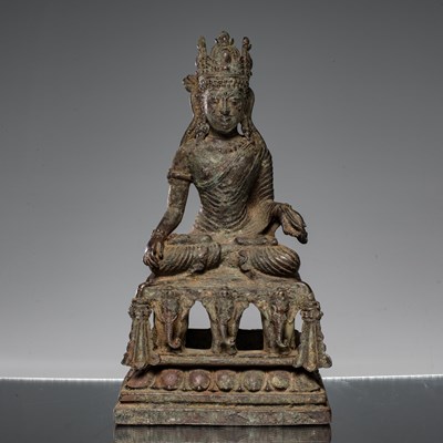 Lot 2 - SEATED BRONZE BUDDHA ON THRONE KASHMIR 12TH CENTURY