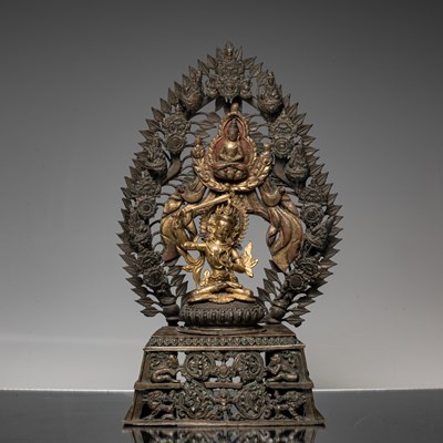 Lot 16 - MANJUSHRI BRONZE SHRINE NEPAL 18TH CENTURY