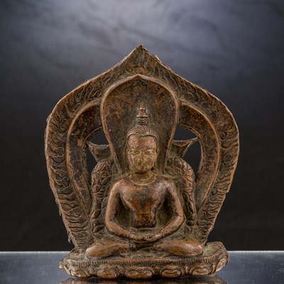 Lot 54 - SEATED BUDDHA AMITHABA 10TH TO 12TH CENTURY COPPER FROM NEPAL