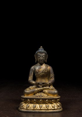 Lot 16 - SEATED BRONZE RESTGILT BUDDHA CHINA 18TH CENTURY
