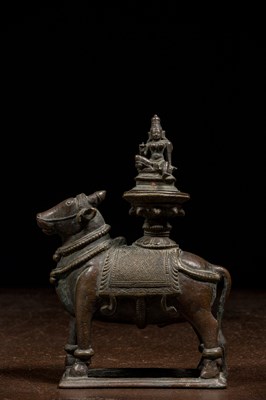 Lot 212 - SEATED PARVATI ON NANDI BRONZE INDIA 17TH CENTURY