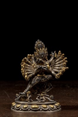 Lot 35 - STANDING SILVER HEVAJRA IN YAB YUM NEPAL 1850'S