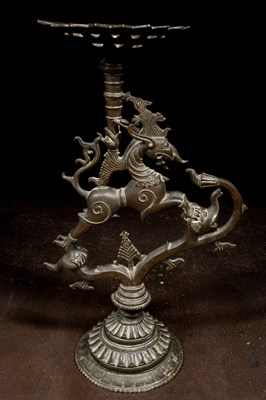 Lot 117 - A BRONZE YALI LAMP STAND INDIA 18TH CENTURY