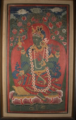 Lot 52 - A PAINTING OF GREEN TARA ON A TORTOISE THRONE