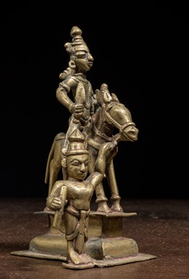Lot 185 - INTERESTING BRONZE OF RIDER HORSE AND ADORANT BRONZE INDIA 18TH CENTURY