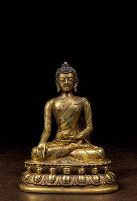 Lot 48 - SEATED BRONZE GILT BUDDHA TIBET 18TH CENTURY