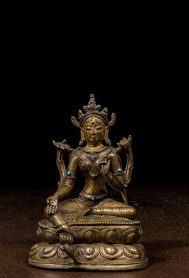 Lot 73 - SEATED BRONZE GREEN TARA TIBET 15TH CENTURY