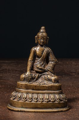 Lot 201 - EARLY SEATED BRONZE BUDDHA TIBET OR NORTH INDIA 14TH CENTURY