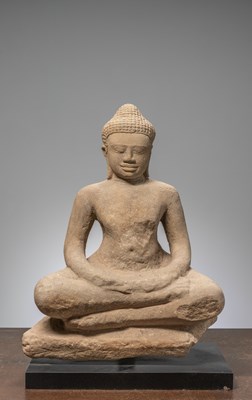 Lot 420 - A SEATED SANDSTONE BUDDHA, BAYON PERIOD, CAMBODIA 12TH CENTURY