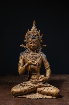Lot 198 - A RESTGILT BRONZE FIGURE OF VAJRASATTVA TIBET 19TH CENTURY