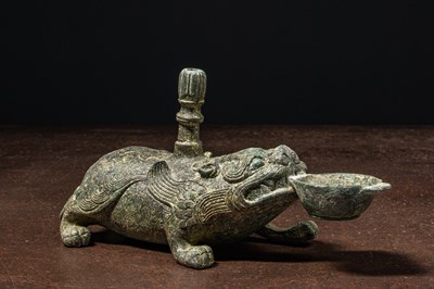 Lot 153 - A BRONZE FIGURE OF A MYTHICAL BEAST CHINA HAN DYNASTY OR LATER
