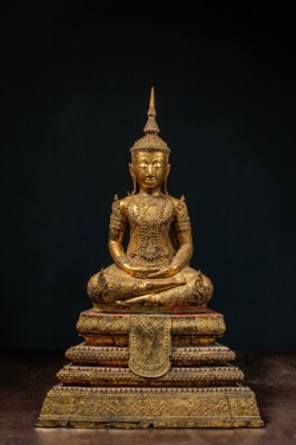 Lot 88 - A GILT BRONZE FIGURE OF BUDDHA IN ROYAL ATTIRE RATANAKOSIN PERIOD THAILAND APPROXIMATELY 1850'S
