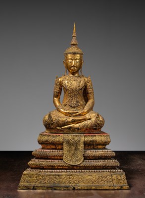 Lot 427 - A GILT BRONZE FIGURE OF BUDDHA IN ROYAL ATTIRE, RATANAKOSIN PERIOD, THAILAND APPROXIMATELY 1850'S