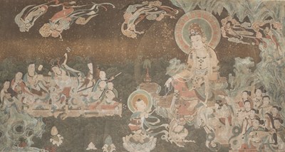 Lot 40 - LARGE TEMPLE PAINTING OF GUANYIN WITH ATTENDANTS, CHINA, MING DYNASTY, 16TH CENTURY