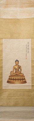 Lot 154 - A CHINES HANGING SCROLL OF THE MEDICINE BUDDHA - TAO LENG YUE (1895-1985)