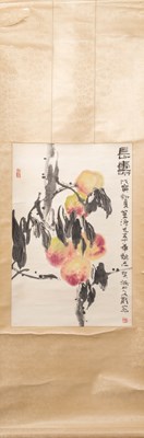 Lot 54 - A CHINESE HANGING SCROLL PAINTING OF PEACHES ATTRIBUTED TO GU WEN BIN (1811-1889)