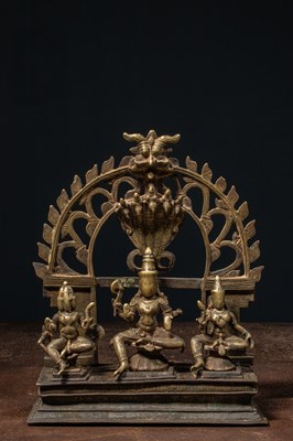 Lot 197 - INDIAN BRONZE SHRINE SHIVA , PARVATI AND SKANDA 16TH CENTURY
