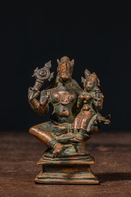 Lot 155 - A BRONZE FIGURE OF HAYAGRĪVA WITH CONSORT INDIA 18TH CENTURY