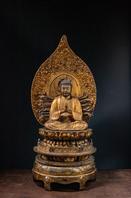 Lot 23 - (R) A RARE AND LARGE (148 CM) BUDDHA, WOOD COLDGILT, JAPAN EDO-PERIOD 2ND HALF OF THE 18TH CENTURY