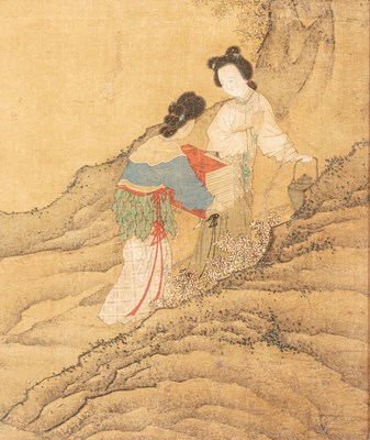 Lot 88 - (R) FRAMED SILK PAINTING, DEPICTING TWO WOMEN, JAPAN 1800