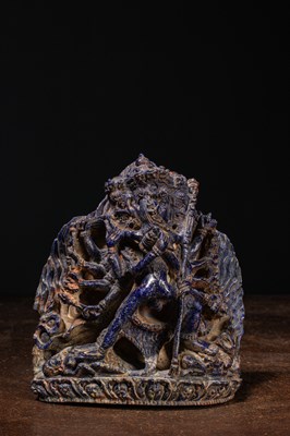 Lot 32 - (R) A RARE LAPIS LAZULI FIGURE OF HEVAJRA IN YAB-YUM TIBET 18TH CENTURY