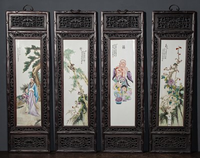 Lot 55 - (R) A SET OF FOUR FAMILLE ROSE PORCELAIN PLAQUES IN WOOD FRAMES CHINA 20TH CENTURY REPUBLIC PERIOD