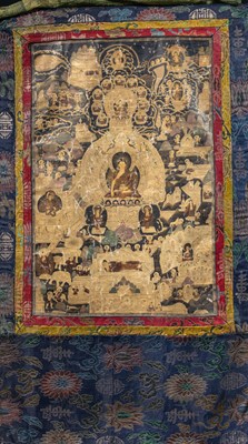 Lot 52 - (R) A GILT-PAINTED THANGKA OF THE LIFE OF THE BUDDHA TIBET 18TH CENTURY