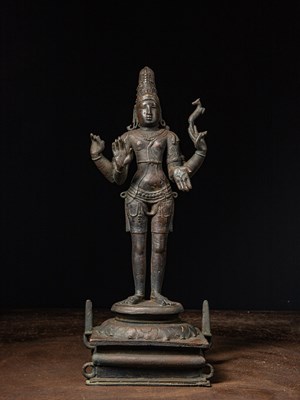 Lot 264 - STANDING SHIVA CHANDRASEKHARA BRONZE INDIA TAMIL NADU 12TH TO 13TH CENTURY CHOLA PERIOD