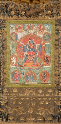 Lot 266 - A RARE THANGA DEPICTING CHAKRASAMVARA, TIBET, 17TH CENTURY, WITH INSCRIPTION