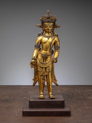 Lot 241 - A LARGE STANDING BRONZE FIREGILT STATUE OF PADMAPANI, 15TH CENTURY