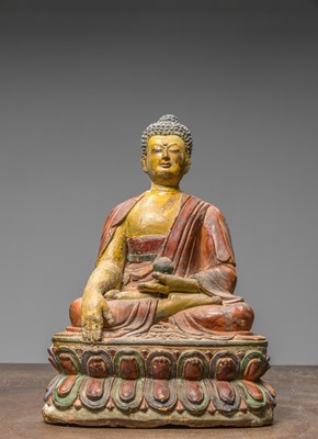 Lot 234 - A LARGE TIBETAN CLAY TSA TSA WITH POLYCHROME PIGMENTS DEPICTING BUDDHA AKSHOBYA, 18TH CENTURY