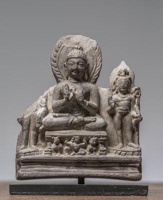 Lot 252 - A SEATED STONE BUDDHA, KASHMIR, 12TH CENTURY