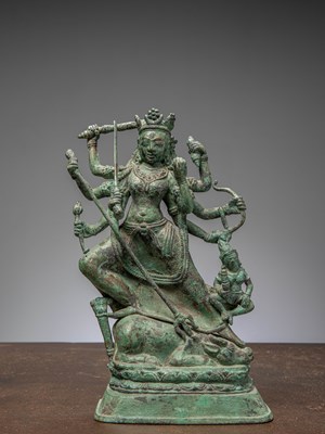 Lot 335 - A STANDING BRONZE DURGA, KASHMIR / NORTH INDIA, 10TH TO 11TH CENTURY TESTED
