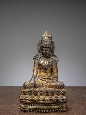 Lot 395 - A SEATED BRONZE BUDDHA, ARAKHAN, BIRMA, 15TH CENTURY, WITH TRACES OF GOLD