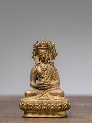 Lot 298 - A SEATED BRONZE FIREGILT BUDDHA AMITAYUS, TIBET, 18TH CENTURY