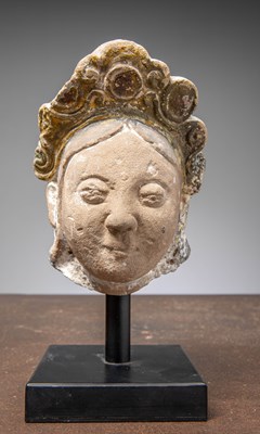 Lot 110 - (R) A HEAD OF KUAN YIN, SANDSTONE, CHINA 18TH CENTURY