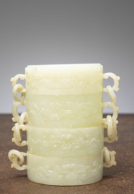 Lot 213 - (R) A MAKEUP BOX, 4 PIECES, TRANSLUCENT LIGHT GREEN JADE, CHINA, 19TH CENTURY