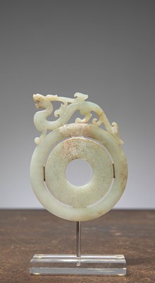 Lot 203 - (R) A JADE BI DISC WITH CHILONG, LIGHT GREEN JADE, CHINA, 19TH CENTURY